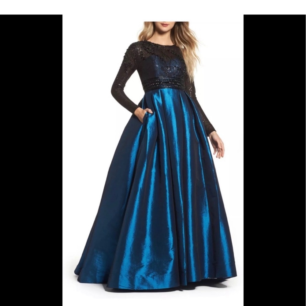 Black and Blue Embellished Long Sleeve Gown